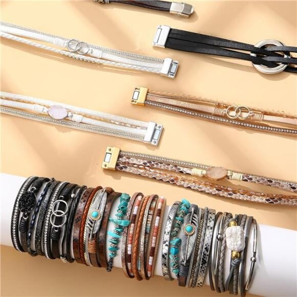 Boho Leather Wrap Bracelets for Women - Stackable Cuff Bangle with Beads - Picture 6 of 7